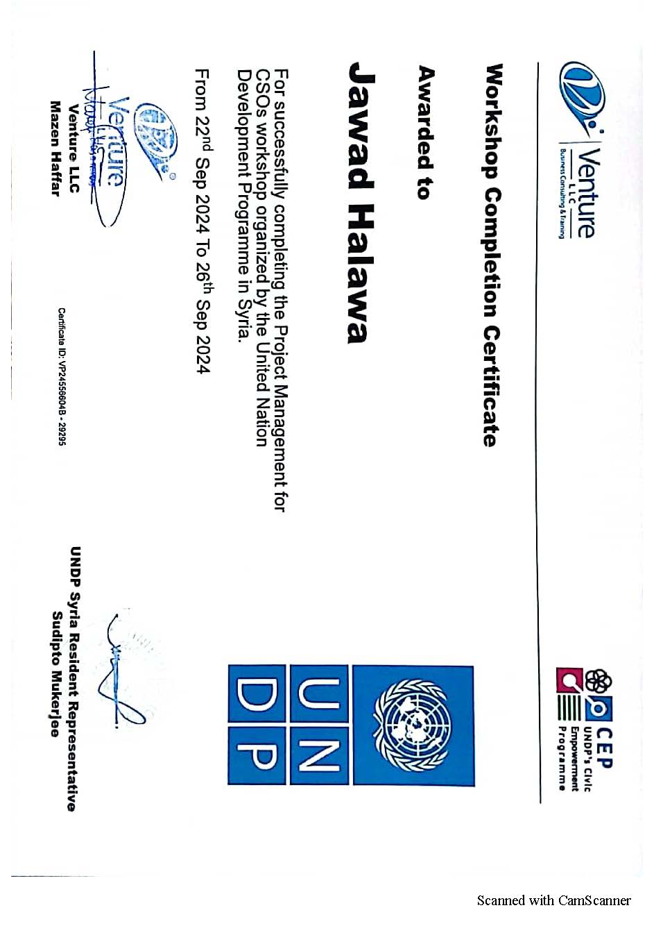 Project Management for CSOs Workshop Completion Certificate